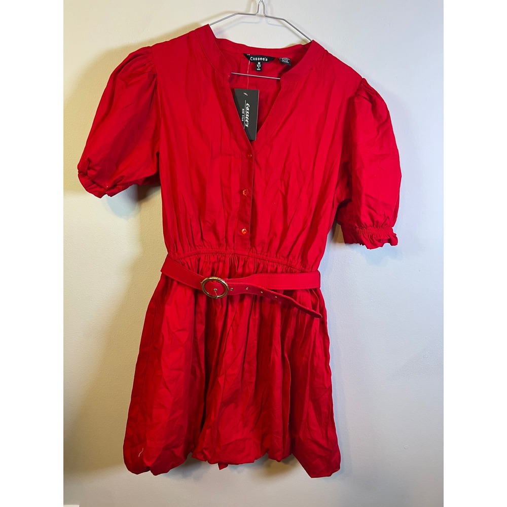 Cassee's Womens Mini Dress Puff Sleeve Belted Red Size M NWT